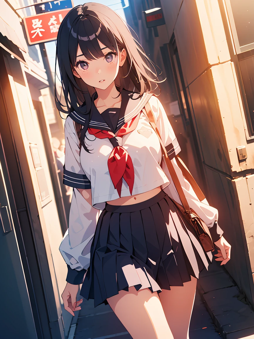 (masterpiece,best quality),reizei,1girl, dutch angle,parted lips, large breasts, shiny skin,,depth of field, light particles, ,shiny clothes, black hair, serafuku, pleated skirt, school uniform, street,