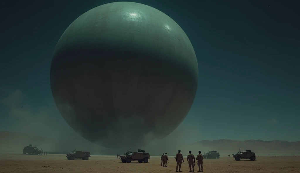 A massive smooth mirror-surfaced sphere hovers silently above the desert floor at night, military vehicles and soldiers cluster underneath the sphere, photo realistic