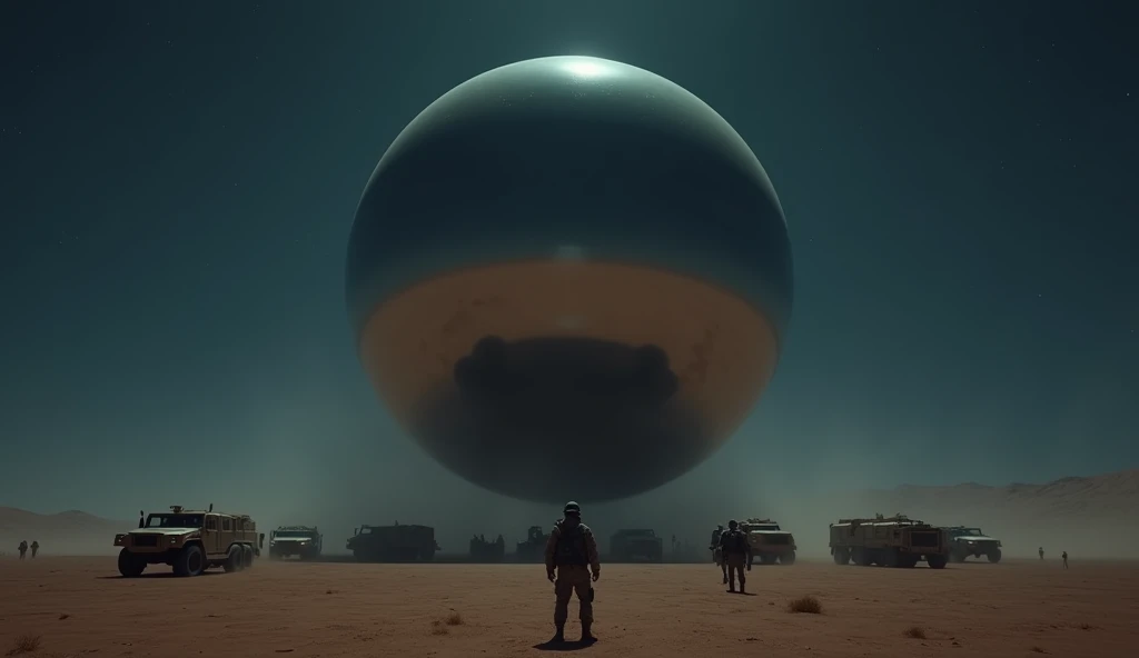 A massive smooth mirror-surfaced sphere hovers silently above the desert floor at night, military vehicles and soldiers cluster underneath the sphere, photo realistic