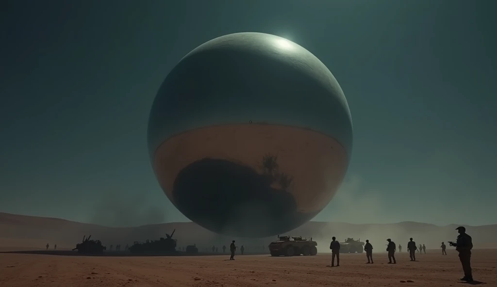A massive smooth mirror-surfaced sphere hovers silently above the desert floor at night, military vehicles and soldiers cluster underneath the sphere, photo realistic