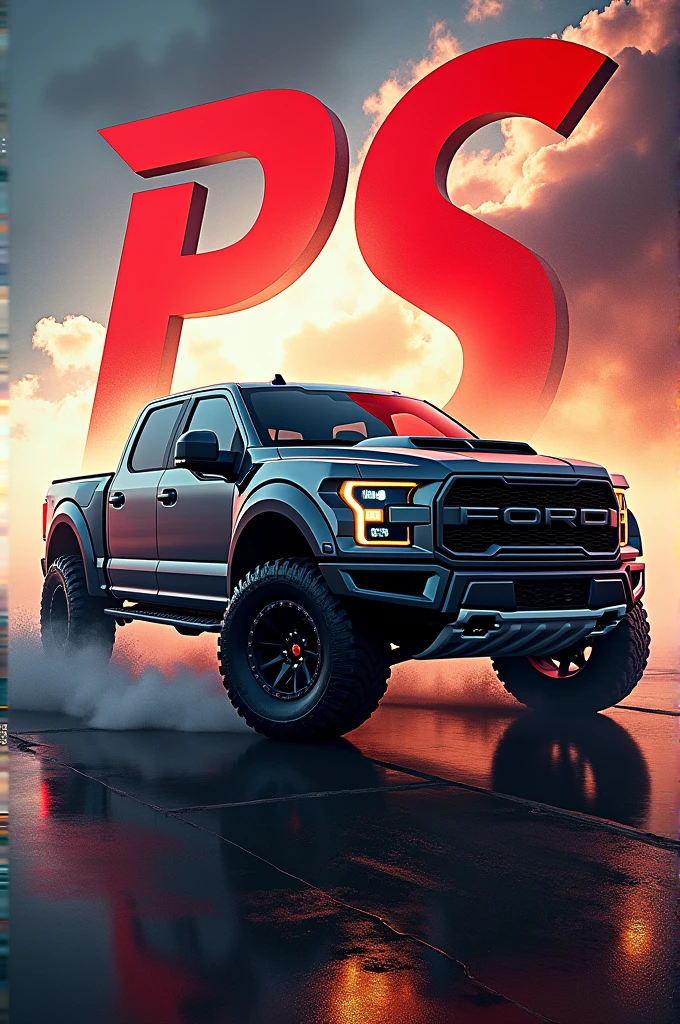 A poster of a closed-box pickup truck with the word PS