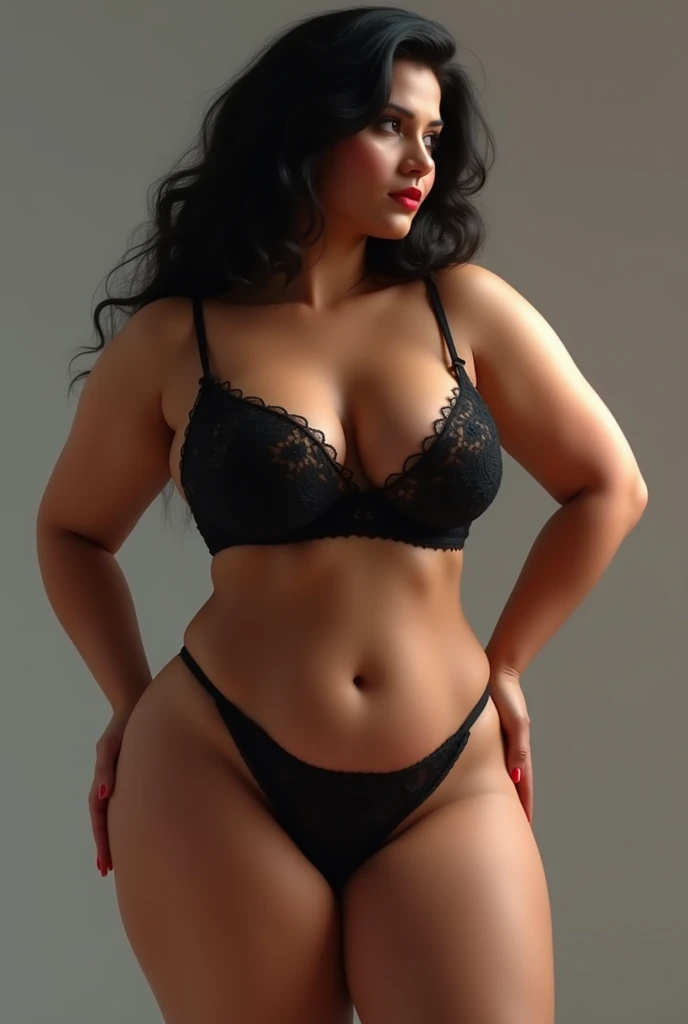 To generate a detailed and high-quality image, create a full-length portrait of a beautiful South Indian woman with features similar to actress Shruti Haasan. The subject should have a huge, voluptuous figure with a pronounced bust, a big waist, and thick thighs, highlighting a plus-size body. Her skin should be white, smooth, and spotless, with a flawless complexion. She should have red lips, deep eyeliner, light eyeshadow, long mascara, and thick eyelashes. Her belly should be thin and inward, accentuating a beautiful navel. Her dress should be a modern, dark blue silk halter neck with polka dot patterns, featuring a cut-out design to emphasize her curves. Ensure the outfit is sharply detailed, showcasing high-quality fabric and precise dress wiring. The hair should be wavy, modern, and well-styled with highlighting, complementing her glowing and attractive face. The image should be in 8K resolution with ultra-high detail, soft lighting, and realistic textures, capturing every nuance of the skin, hair, and facial features. The background should feature an urban environment with buildings, enhancing the cinematic and professional feel of the photograph. The woman should be striking a standing pose, looking directly at the camera with shaped, lively eyes, clear sclera, and a confident expression.