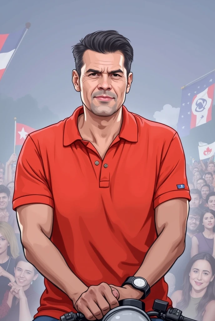 An illustrative image with this person on top of a motorcycle, in political rally
  