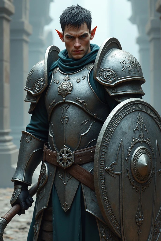 Male elf dark short hair White skin dark blue eyes no beard with silver heavy armor , Flail morningstar and tower shield