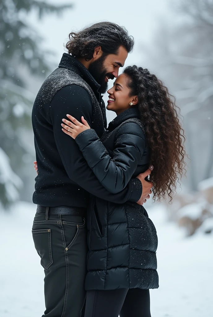 A man of 1,80 cm, with light brown skin, lots of long curly black hair, beard a little big and well done, with small eyes, very big and strong arms and legs, strong chest and shoulders, wearing rock style clothes, black jersey, black coat and black pants in a snowy environment in the background and a happy and cheerful person&#39;s personality. This man hugs a woman with slightly darker skin and slightly smaller size 1,65 cm, with very curly and well-defined 3a style hair and a body reminiscent of a professional dancer, with a personality and expression that she loves the man very very much and that she is happy to be in his arms