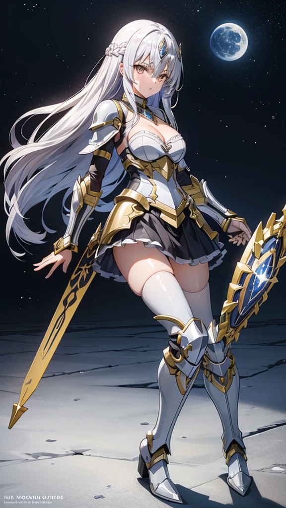 Girl with long silver hair, French braid and golden eyes,silver forehead protector,Chest,cleavage,Black Armor,Hand guard,Iron skirt,Bare Legs,iron boots,moon,Night Sky