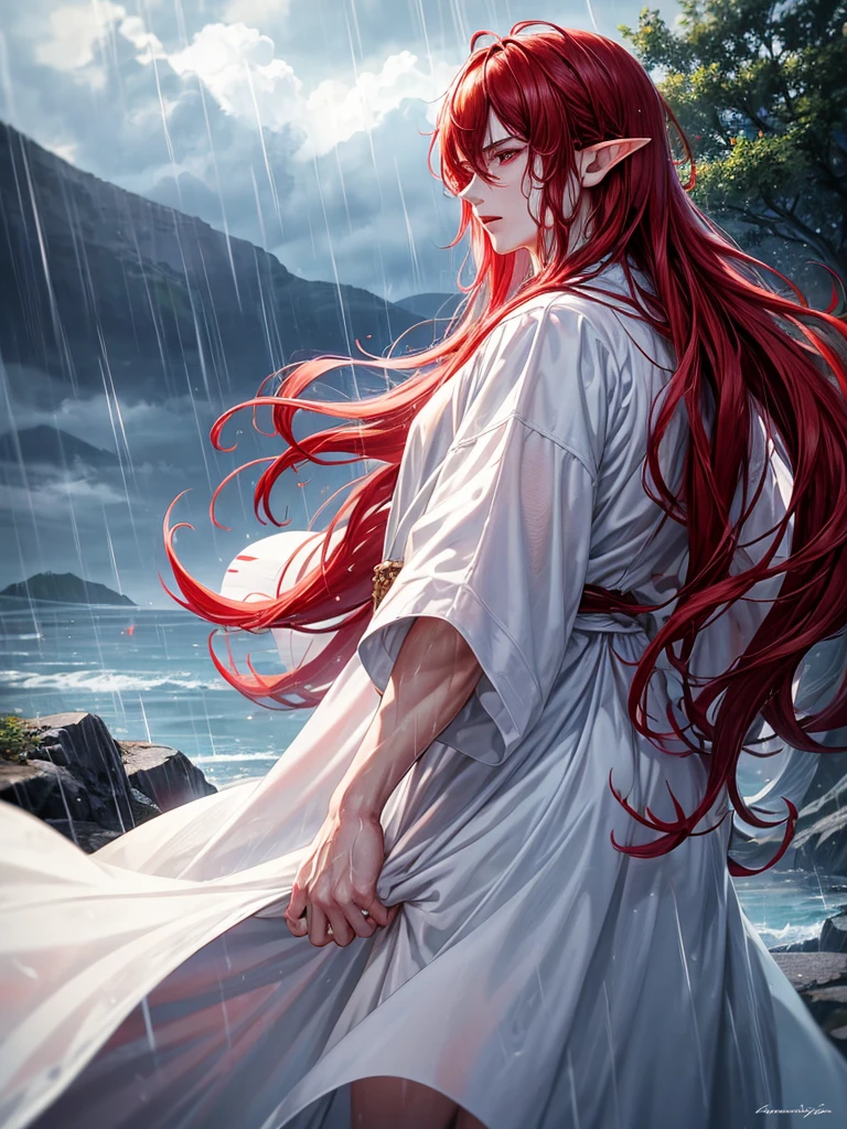 1 male, male, elf, red hair, long hair, red eyes, white clothes, long white cloak, plump lips, straight nose, cloudy sky, rain, wet hair, wet clothes, detailed background, deep blue lake