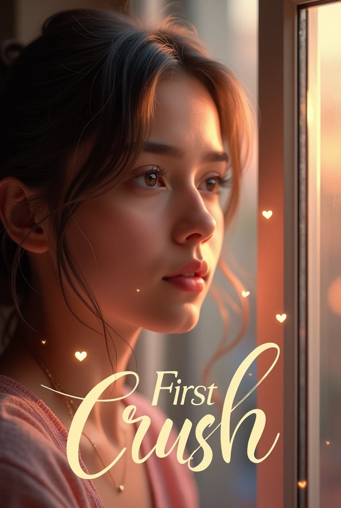 Main Image: A close-up shot of a young person  female looking out a window with a dreamy, contemplative expression. The background is slightly blurred to emphasize the emotions on the person’s face. The color palette should be warm and soft, with hues of pink, peach, or soft gold to evoke feelings of nostalgia and affection.
Text: The song title "First Crush" is written in elegant, cursive font, with a subtle glow effect to make it stand out. The text should be placed at the bottom or the top of the image, ensuring it doesn’t cover the face but is still prominent and easy to read.and  by Yash .Additional Elements: Include small, subtle heart icons or soft light flares around the title text to enhance the romantic feel without overpowering the image.