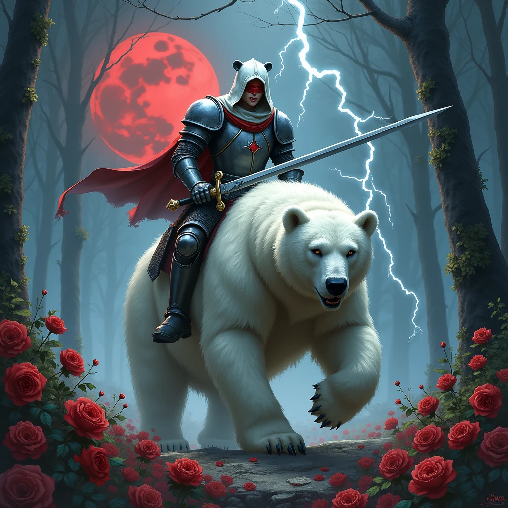 Male knight with a white hood with bear ears wielding a double-edge sword is riding a polar bear in a forest while the moon shines, many Roses cover the ground and lightning falls from the sky. The polar bear has black eyes and an aggressive appearance. Only the man wears a red blindfold. In the background of the picture is the blood moon. The forest is full of trees with leaves.