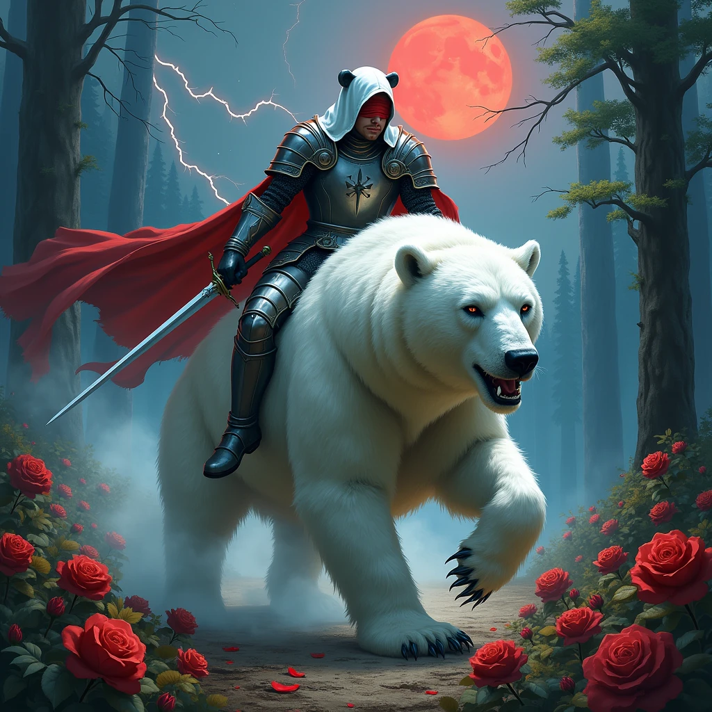 Male knight with a white hood with bear ears wielding a double-edge sword is riding a polar bear in a forest while the moon shines, many Roses cover the ground and lightning falls from the sky. The polar bear has black eyes and an aggressive appearance. Only the man wears a red blindfold. In the background of the picture is the blood moon. The forest is full of trees with leaves.