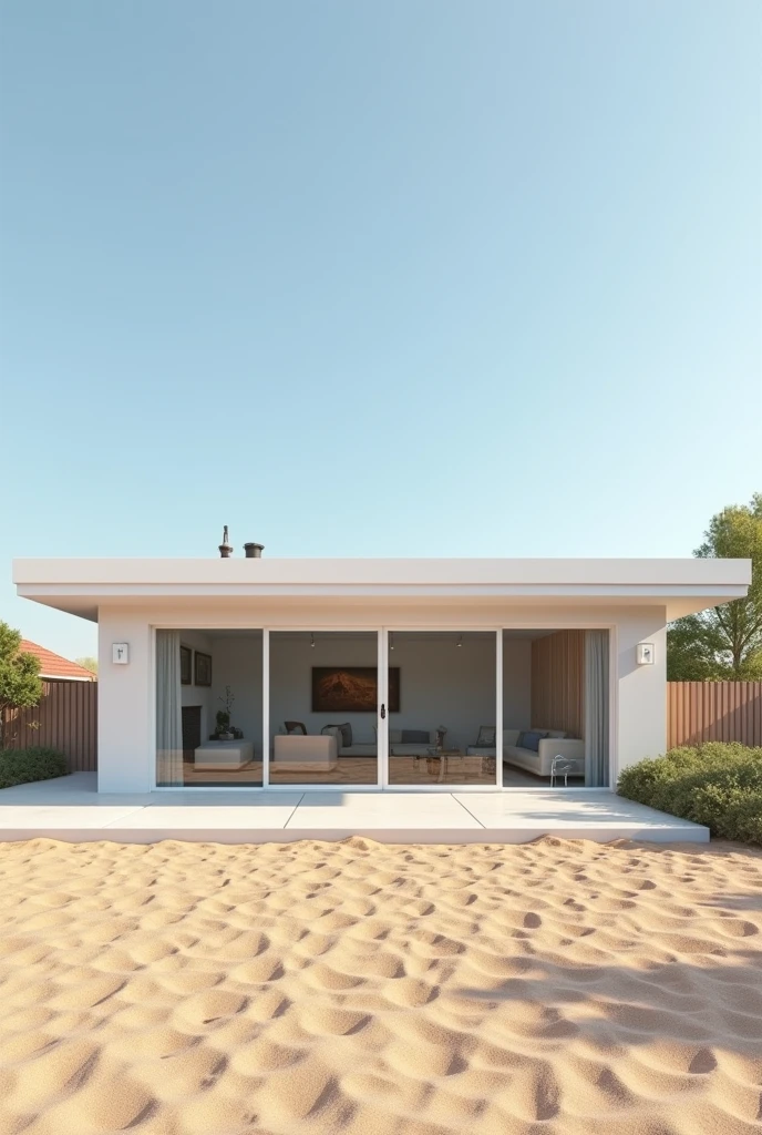 Generate a highly realistic image of the exact same single-story house as shown in the provided image. The house should be positioned from a direct frontal perspective, with the same design, flat roof, white trims, and large sliding glass doors. Maintain the original colors, textures, and surroundings as closely as possible to match the current state of the house, including the sandy dirt in front and the simple, minimalistic landscape. The image should be a true-to-life representation of the original house, with no enhancements or alterations