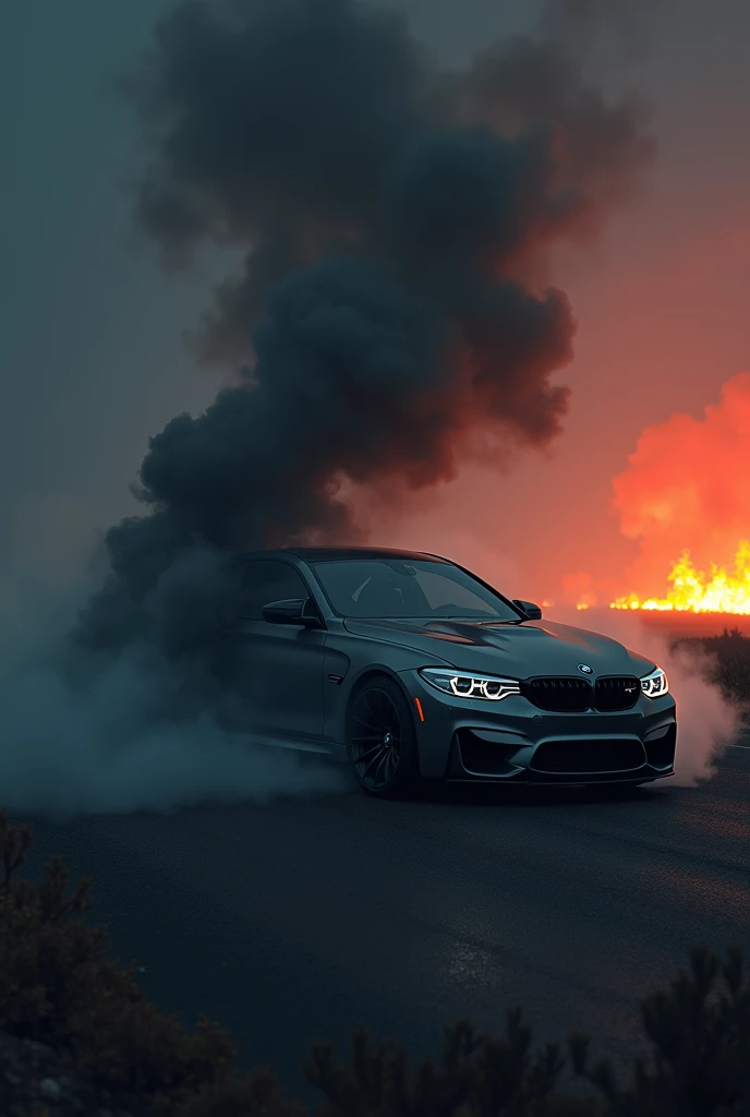 Bmw car with black cloud standing in the fire