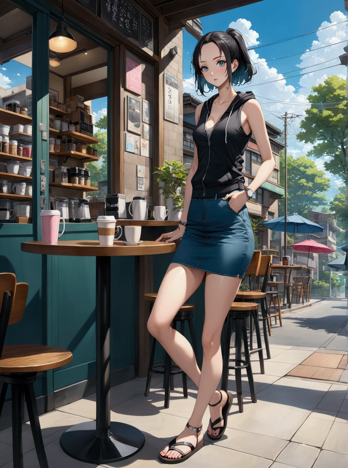 realistic anime illustration of pretty woman, (black hair, forehead, one side up, short hair), at outside the coffee shop, wears black tanktop under a pink sleeveless v neck jacket hoodie, dark teal-blue denim pencil mini skirt, white-black sandals, bare arms, silver wristwatch (1girl, solo, full body, front view), (masterpiece, best quality, japanese anime style), (expressive eyes, perfect face, perfect body),