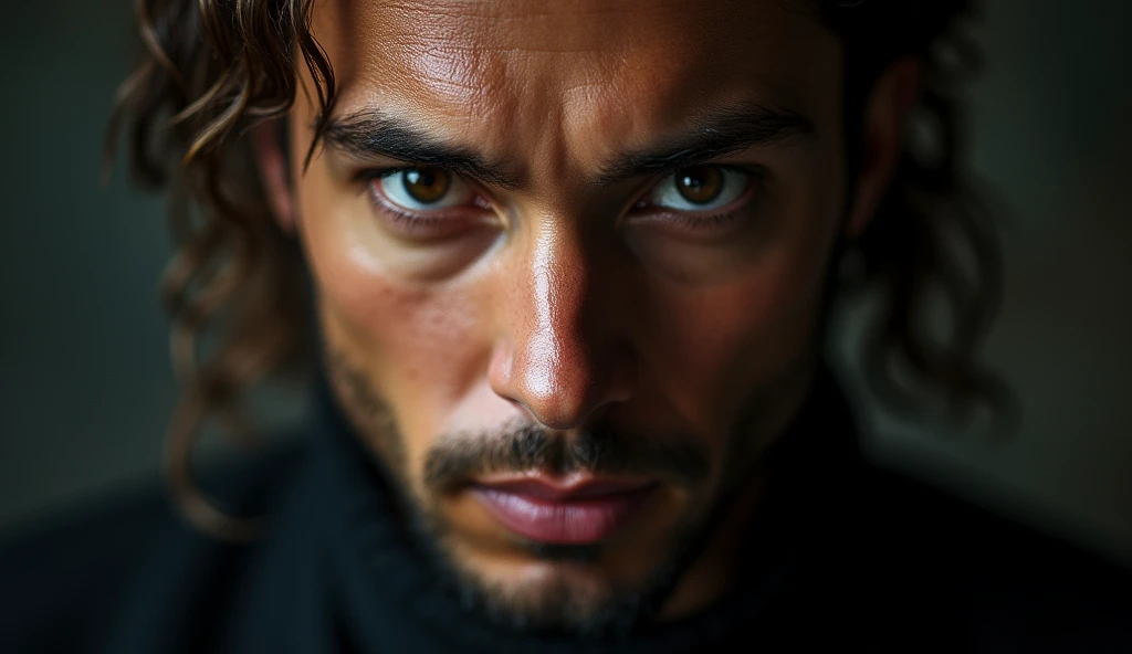 "A close-up shot of a person with a serious and determined expression on their face, looking directly at the camera with intensity. The background is blurred to emphasize the person's face, conveying a sense of urgency and command. The lighting is dramatic, casting shadows on the face to highlight the intense emotion of determination and resolve."