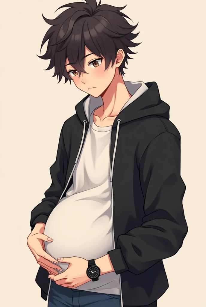 A Cute Handsome Boy 1 boy Wearing white and Black Hoodie and jeans and watch on hand and fluffy hair and 1 month faint baby bump In stomach and hand on stomach..Anime
