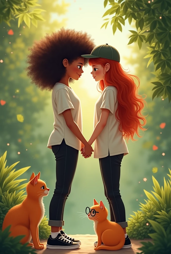 Two women holding hands sitting kissing in a garden and a black-haired child wearing glasses sitting with an orange cat, the first girl has well defined and voluminous curly hair, your clothes are black pants, loose white t-shirt and black sneakers, the second girl has long red hair and a cap, your clothes match the first girl
