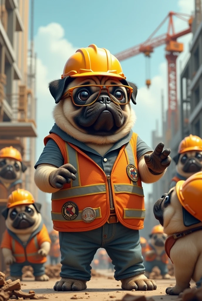 a pug teacher with the characteristics of a construction engineer
