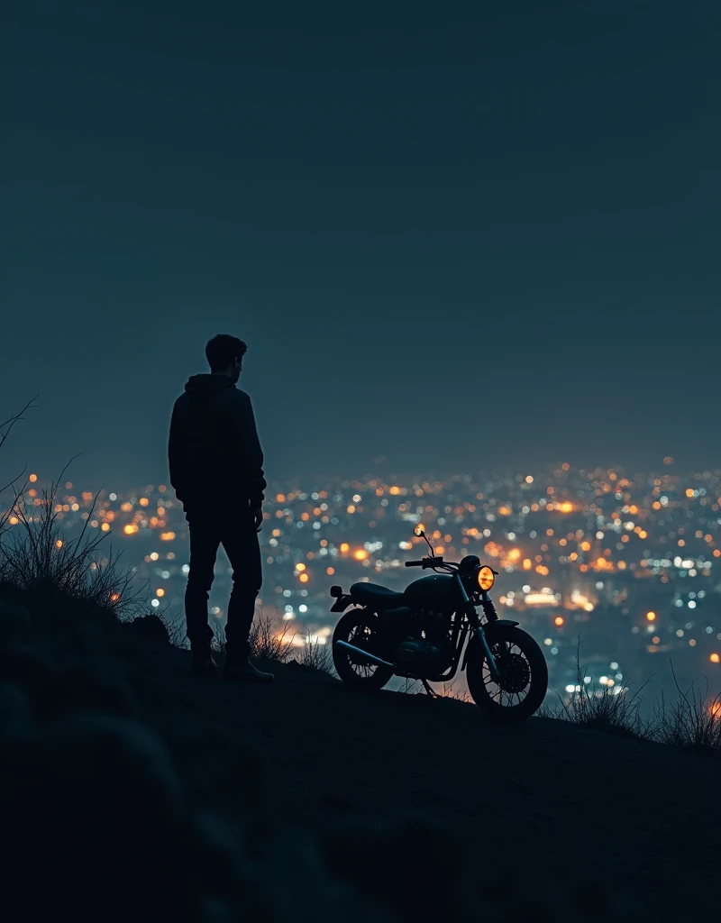 At night  and sad man on top of a hill looking out at a bright city with his motorcycle image
