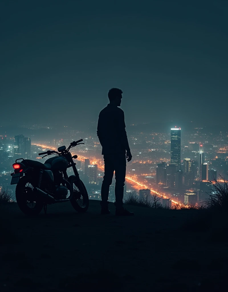 At night and sad man on top of a hill looking out at a bright city with his motorcycle image