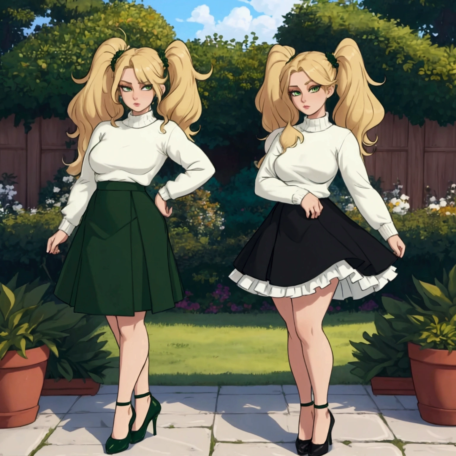 masterpiece, high quality, 8k quality, ultra detail, 1girl, Makeup, highest quality, blonde twintail hair, emerald green eyes, high heel shoes, white sweater, black ruffled skirt, standing model pose, full body shot, beautiful face, calm expression, long legs, garden backdrop