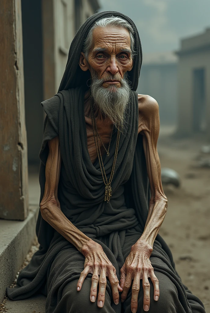 wrinkled woman, raquitica,Thin hands and a beard resembling a