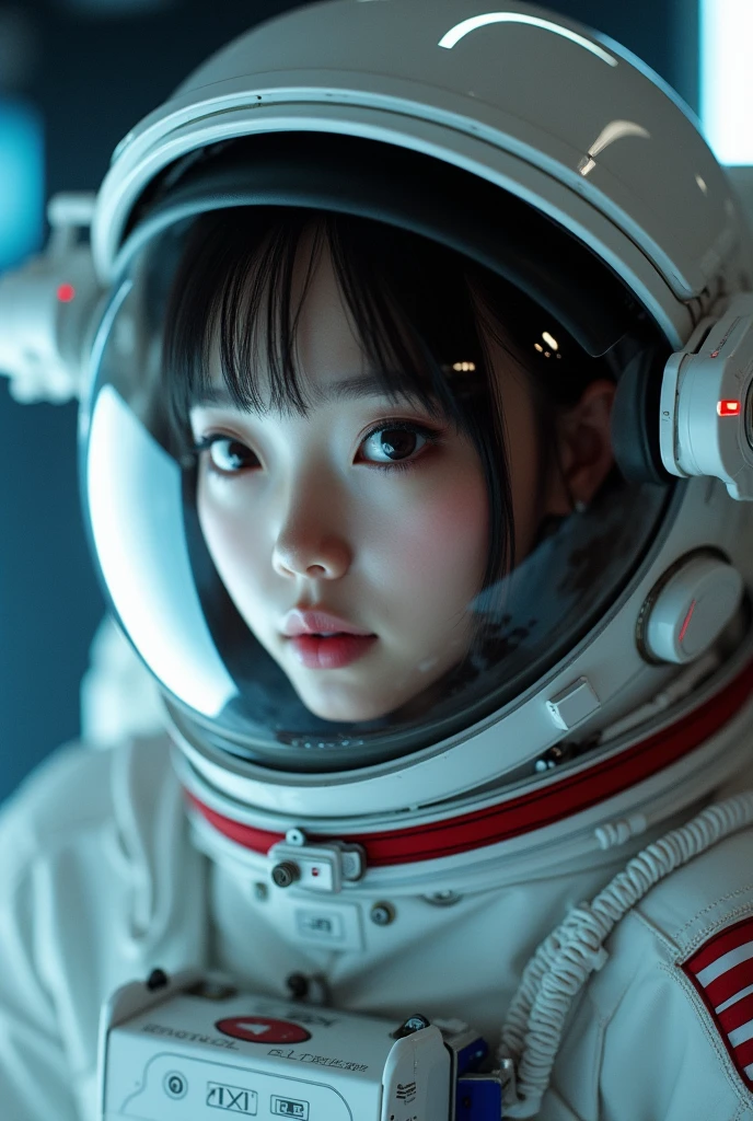 (8k, RAW photo, best quality, masterpiece), (photorealistic), outstanding details, ultra-high resolution, anatomically correct, textured skin, (Extremely precise and accurate anatomy),
(wide lens effect), (outer space), astronaut, extravehicular activity, EVA, weightlessness, zero gravity, spacewalk,
(Cute Japanese girl , 20-year-old), upper body
(dramatic lighting), cinematic lighting,