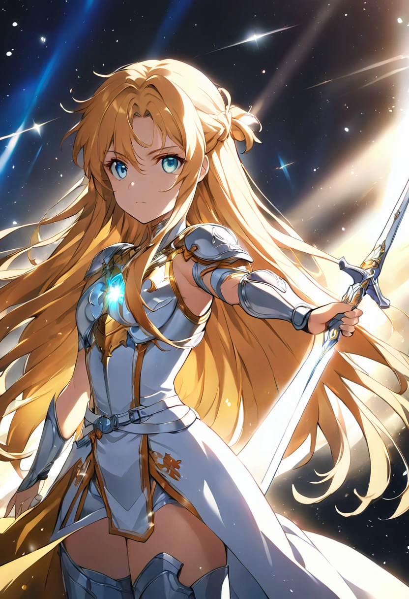 "An anime-style illustration of a strong, radiant female warrior standing confidently. She is adorned in gleaming armor with golden accents that reflect the light, and her long flowing hair glows with an ethereal, almost divine light. Her eyes are bright and determined, embodying the essence of courage and bravery. She holds a glowing sword in one hand, with light radiating from the blade, symbolizing her connection to the power of light. The background is a bright, celestial scene with beams of light shining down, casting her in a heroic aura. The overall design should evoke a sense of strength, hope, and the power of light, making it a perfect fit for the 'Brave Music' YouTube channel."