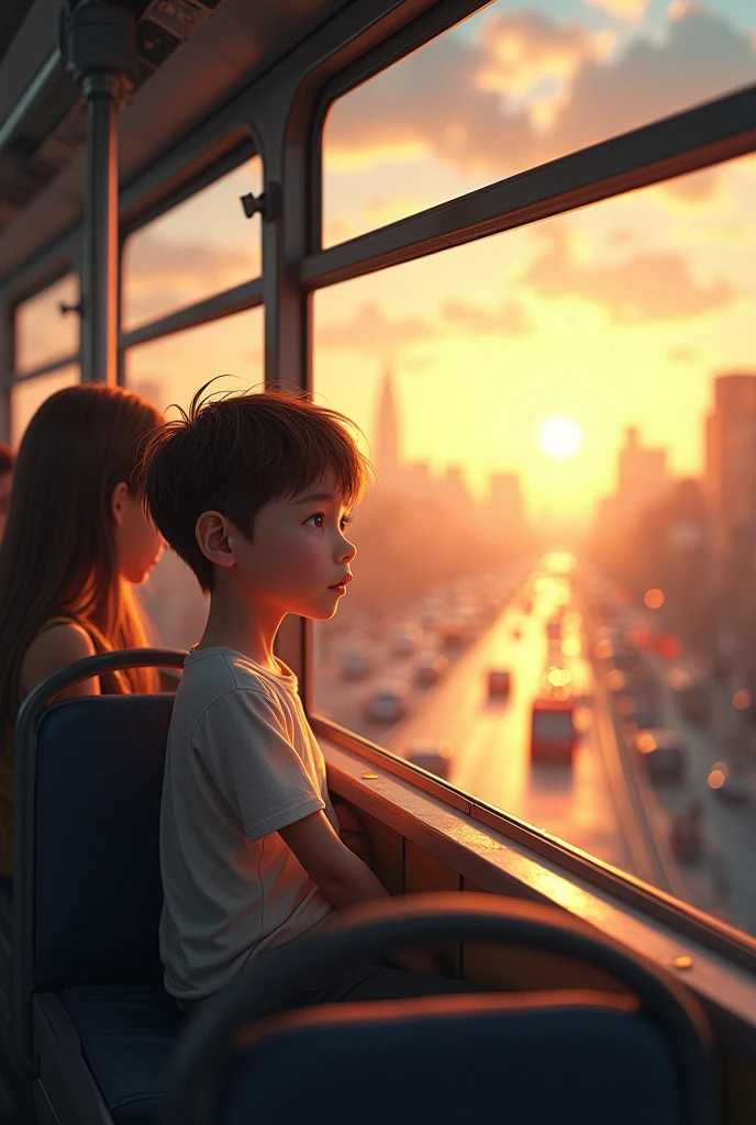 A boy who is sitting in bus 2nd floor by the side of window and seeing the sun by bus window. And there have more people in bus by the side of the boy... And view from bus 2nd floor inside to outside 