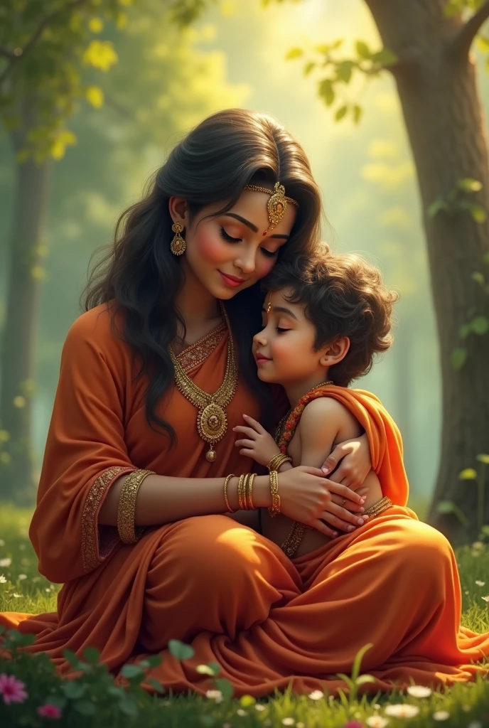 "Create a realistic depiction of a young version of Lord Hanuman sitting lovingly in his mother Anjana's lap. Hanuman's childinnocence should be visible in his eyes, while Anjana should have a tender and protective expression. The background should be a serene, natural setting, perhaps a peaceful forest with soft sunlight filtering through the trees. In the center of the image, include a motivational quote in Hindi: 'मां का आशीर्वाद