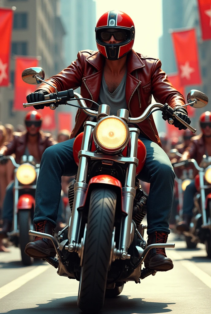 With a biker on top of a motorcycle in a red political motorcade