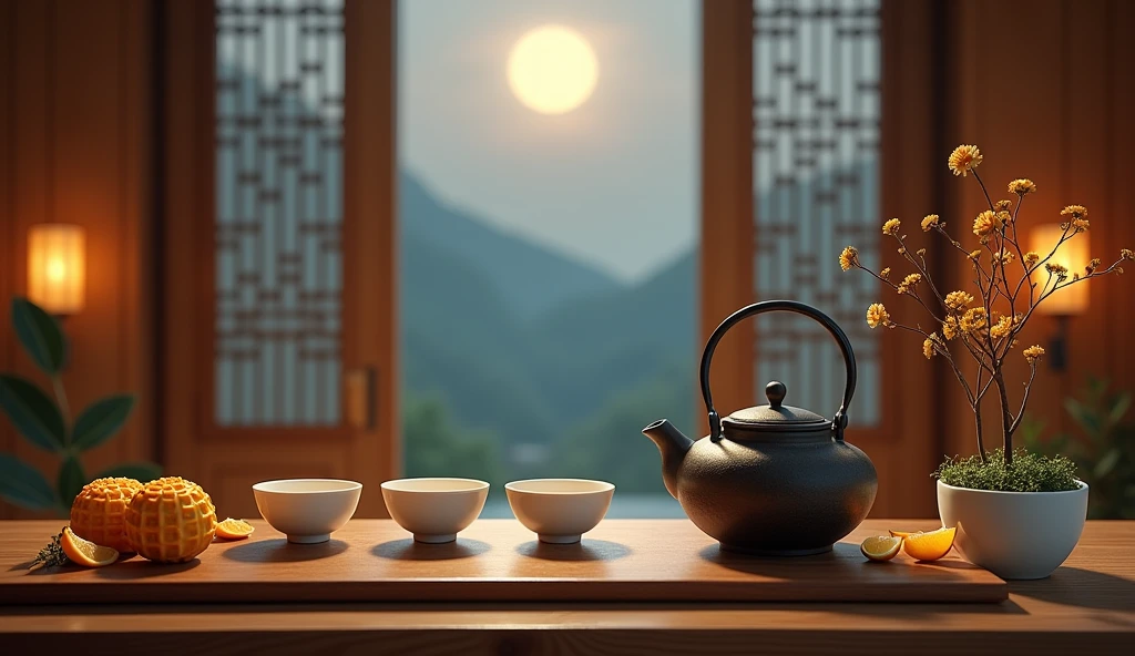 The elegant and refined tea ceremony brings a touch of pure tea charm,bloom in silence。Cast iron kettles are tempered over time,Forge a unique texture,Exuding a warm and moist atmosphere。Beautiful white porcelain cup,Delicate and smooth glaze,Just right to carry the fragrance of tea。The plate is filled with golden color、Fragrant Mid-Autumn Festival mooncakes、Citrus maxima,Interlacing of light and shadow,Exuding warmth and softness,Provides a comfortable and relaxing atmosphere。A bright moon hangs high in the sky outside the wooden window in the background，Bright light and shadow,Highlight the texture of utensils,Small Plants.Feel like you are in a peaceful Zen space。
