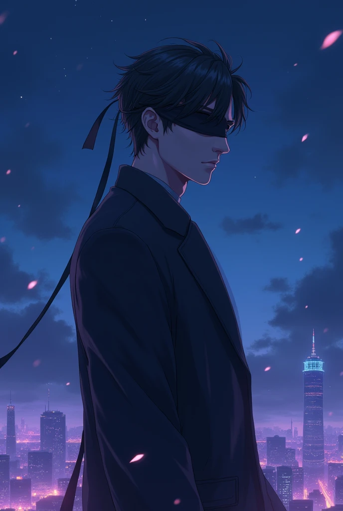 gojo satoru in the night with blue sky and soft purple background city light