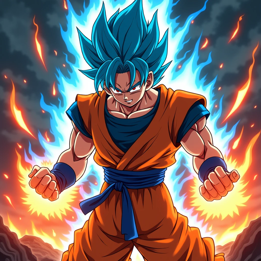 Get ready for a visual feast with the Goku , glowing blue hair and tattoo, a being with a handsome face and piercing red eyes. In his transformed state, he radiates extreme instinct and power, making for an epic anime about this energy man. Watch as he controls fire and lava in stunning anime artwork that will leave you in awe. This concept art is straight out of the Bleach Universe, with a manga-style 8k wallpaper that will transport you to another dimension. Prepare to be amazed by this detailed digital anime art, showcasing the ultimate fusion of style and power.