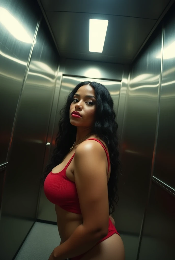 Your eye view POV when in front of you is Cardi B's fat stepmother who wants to suck your cock when you are squeezed and trapped in the elevator and shows off her curvy body and big breasts.. fisheye camera view, iphone camera style. 8k hd, realface, cinematic, Hard detail