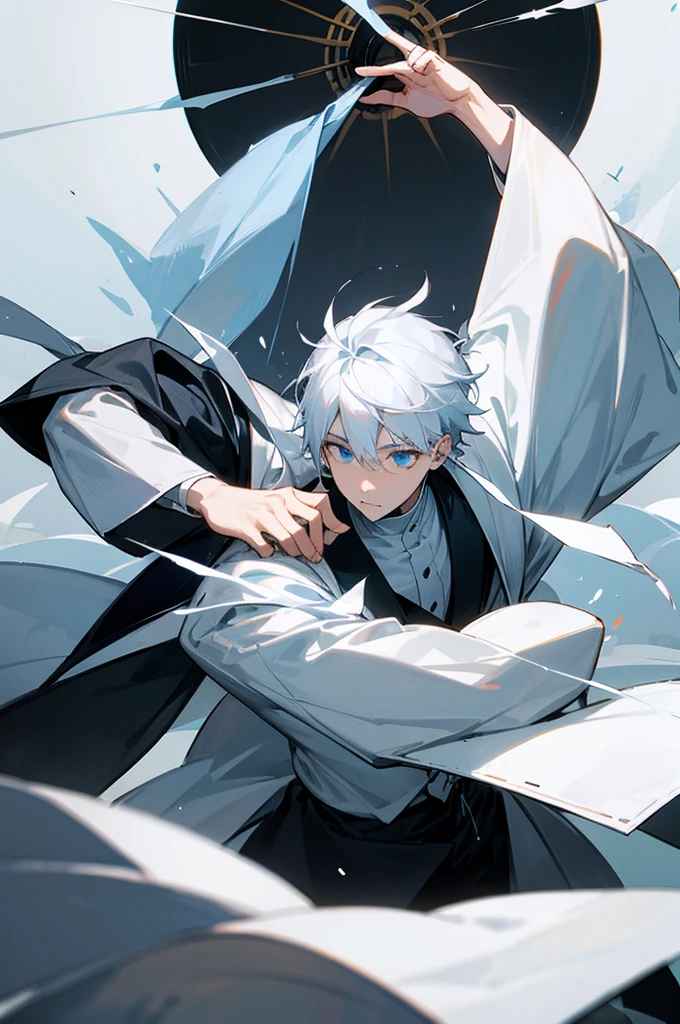 Wearing a white mask、Holding an iron fan in both hands、Dancing with ice、A priest boy about