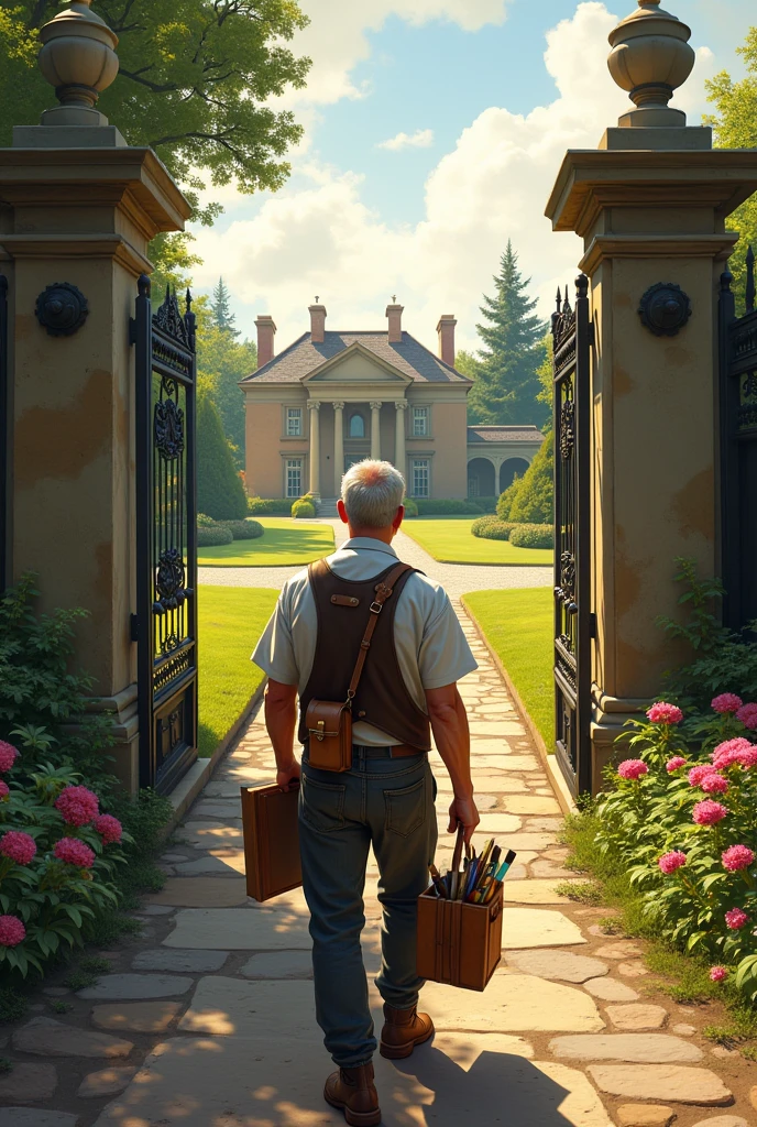 Male painter arriving at the entrance of a country estate 
