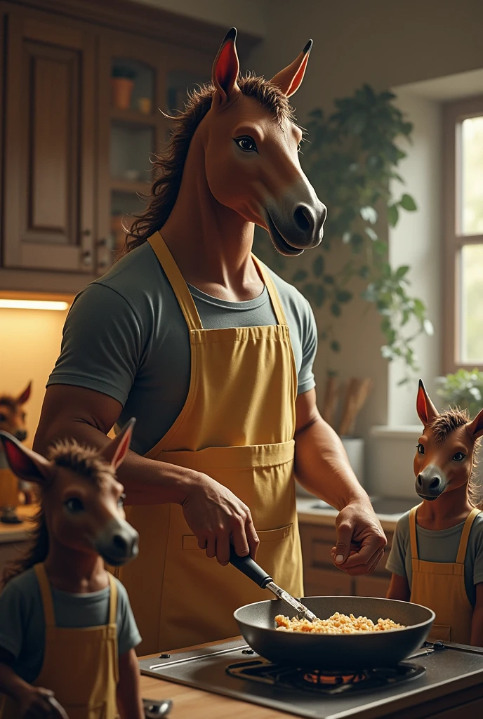 best quality, masterpiece, (Centaur wearing an apron:1.5)、(Half man, half horse)、(Cooking in the kitchen at home with a frying pan)、(There are small centaurs wearing T-shirts around watching the food being cooked.)、Peaceful