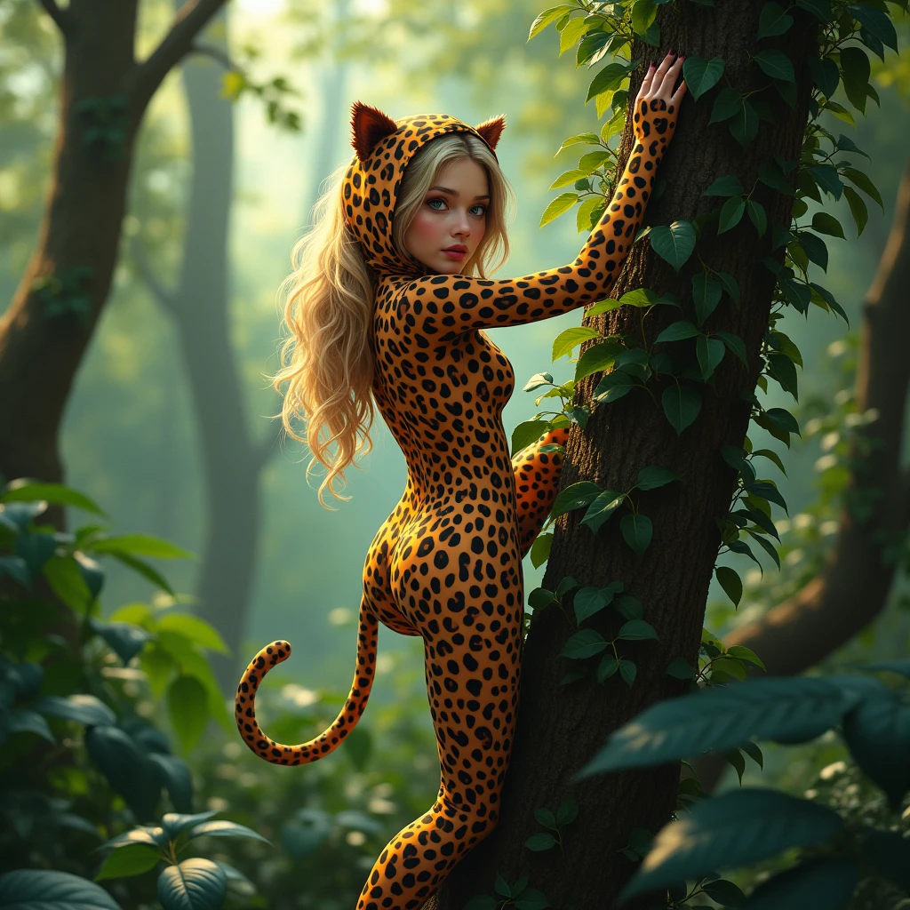 the cute,slender thin and handsome jumgle teenager beatifull woman 30 anos  hair blond eyes blue  with beautiful cheeks wears  leopard print lycra turtleneck unitard catsuit covered with black seamless spots and always wear leopard colour print lycra elastane stretchy dance wear hood covered with leopard seamless spots.He climbs a tree in the forest.