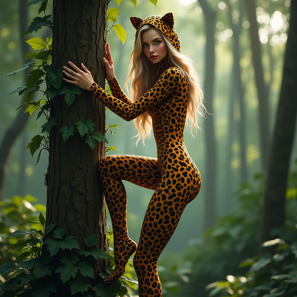 the cute,slender thin and handsome jumgle teenager beatifull woman 30 anos hair blond eyes blue with beautiful cheeks wears leopard print lycra turtleneck unitard catsuit covered with black seamless spots and always wear leopard colour print lycra elastane stretchy dance wear hood covered with leopard seamless spots.He climbs a tree in the forest.