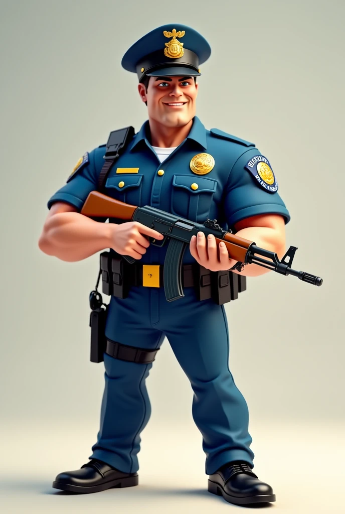 A Ken Barbie Man dressed as a Policeman with an AK47 submachine gun in his hand cartoon model