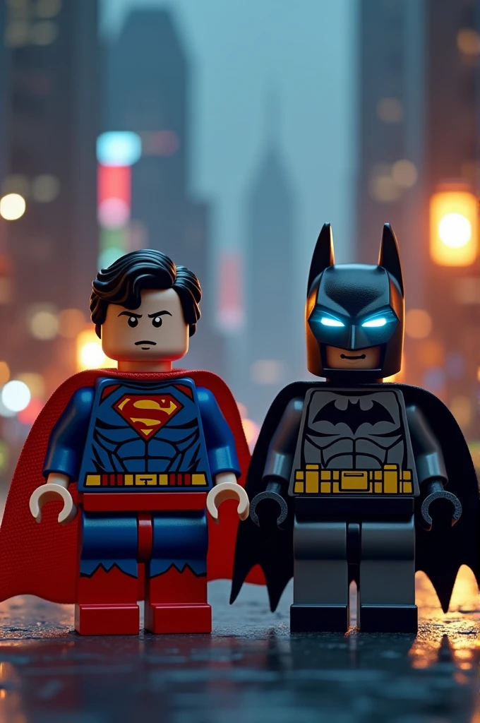 Superman and Batman in lego art, night