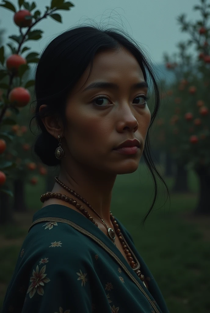 Make a light brown woman with indigenous features, she must represent a human being, the setting she is in must have apple trees and darkness