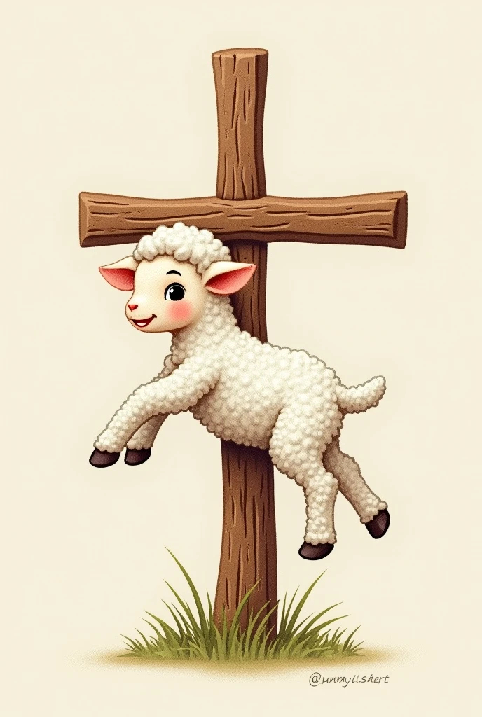 I want an image of a cross and on one side there is a baby lamb hanging, the image embroidered but not so realistic, more like a cartoon. 