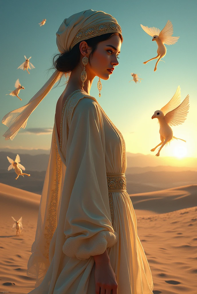 A beautiful oriental woman in the desert and around her are jinns