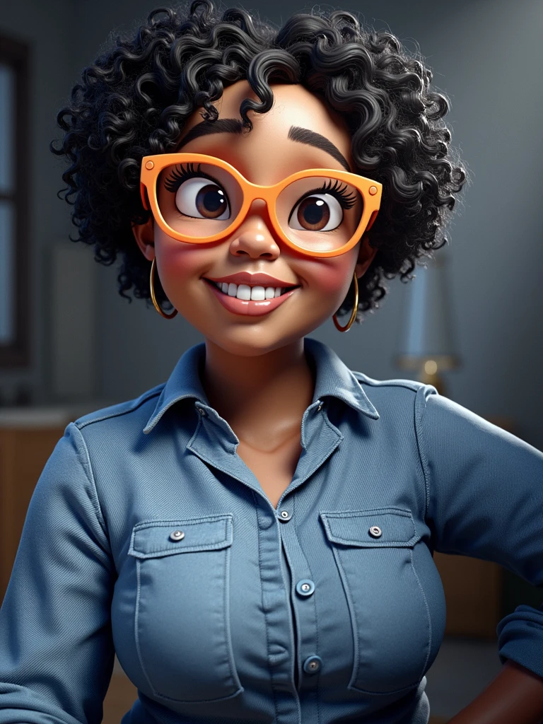 Cartoon character of a woman in orange glasses and a blue shirt, skin black, curly black hair, weighing about 80kg, an animated character, stylized character, animation style rendering, 3d stylized, Arnold Maya rendering, Stylized 3D rendering, toon render screenshot, 3d character, 3d character, Stylized 3D rendering, 3D character rendering, cartoon character, Personagem de close up, character posing, (Pixar-style) (master part:1.2) (bokeh) (best qualityer) (skin detailed) (detailed texture) (8k) (Argilla) (cinematic lighting) (sharp focus，