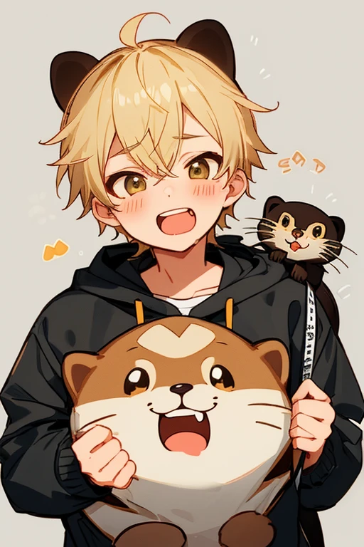 A boy wearing a LINE stamp-style otter costume, gray background, blonde hair, emoji pack, Open your mouth, Drooling, Anime Style,