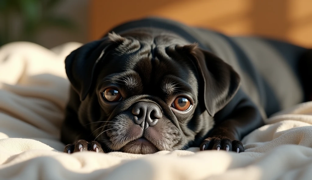 A close-up of an elderly black pug with a graying muzzle, lying peacefully on a soft, cozy bed. The dog has a warm, content expression, with bright eyes that reflect a lifetime of love. The setting is a sunlit living room, with soft rays of sunlight highlighting the dog’s fur, emphasizing the peacefulness and comfort in its old age, Photorealistic, 8K, (best quality, 4K, 8K, high resolution).