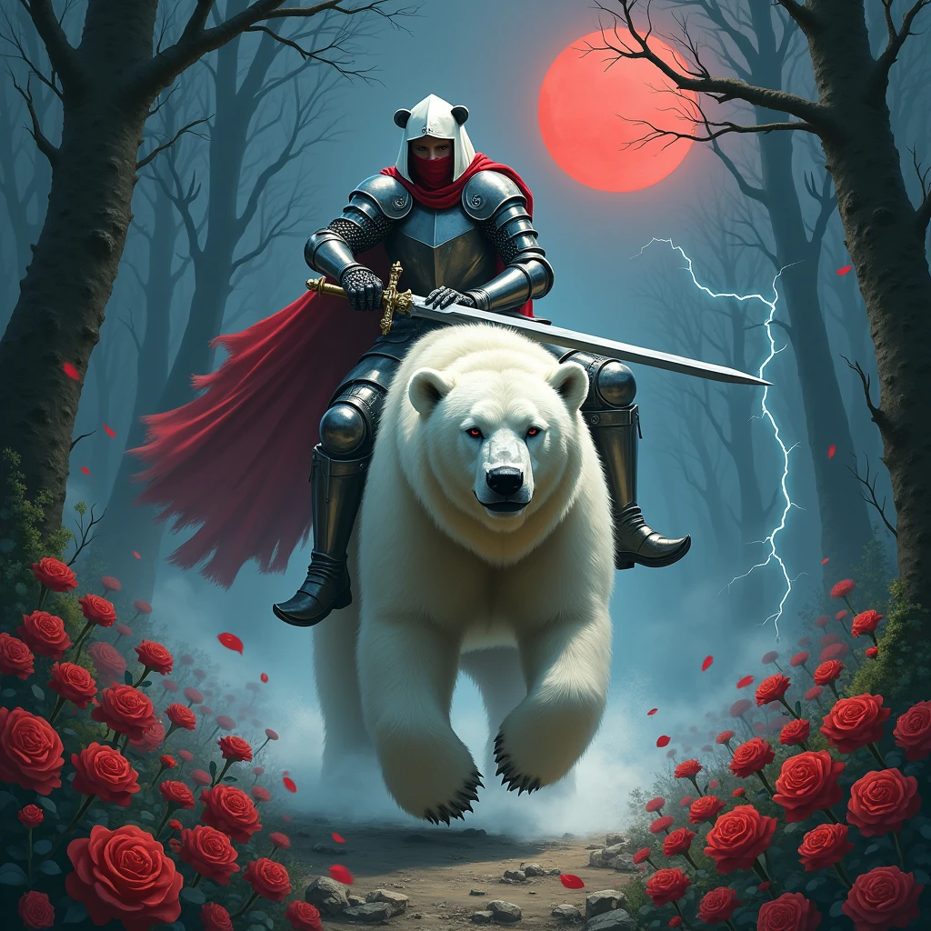 Male knight with a white hood with bear ears wielding a double-edge sword is riding a polar bear in a forest while the moon shines, many Roses cover the ground and lightning falls from the sky. The polar bear has black eyes and an aggressive appearance. Only the man wears a red blindfold. In the background of the picture is the blood moon. The forest is full of trees with leaves.