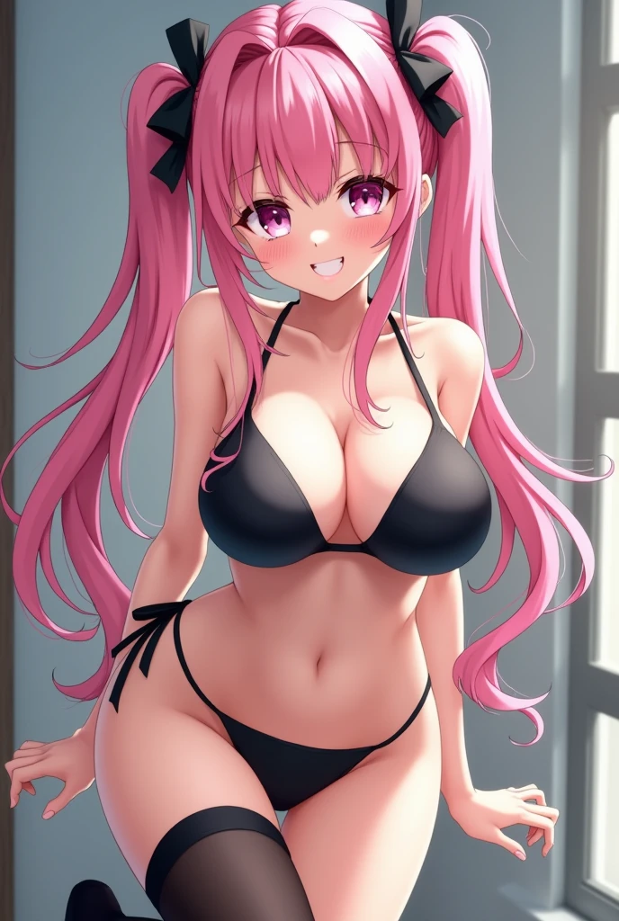 1girl, solo, long hair, breasts, looking at viewer, blush, smile, open mouth, bangs, large breasts, thighhighs, navel, cleavage, twintails, standing, swimsuit, pink hair, hair bow, bikini, black thighhighs, armpits, black bikini, leg up, standing on one leg, split, standing split