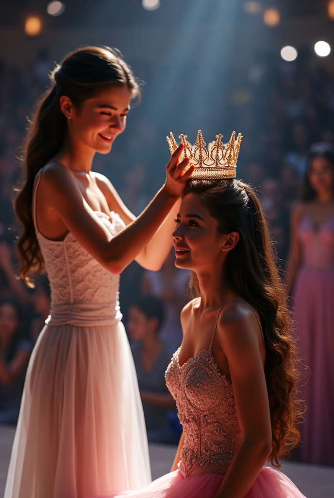 Crowning moment. The girl stand behind and put the crown on the new miss Universe. Wear evening gown.